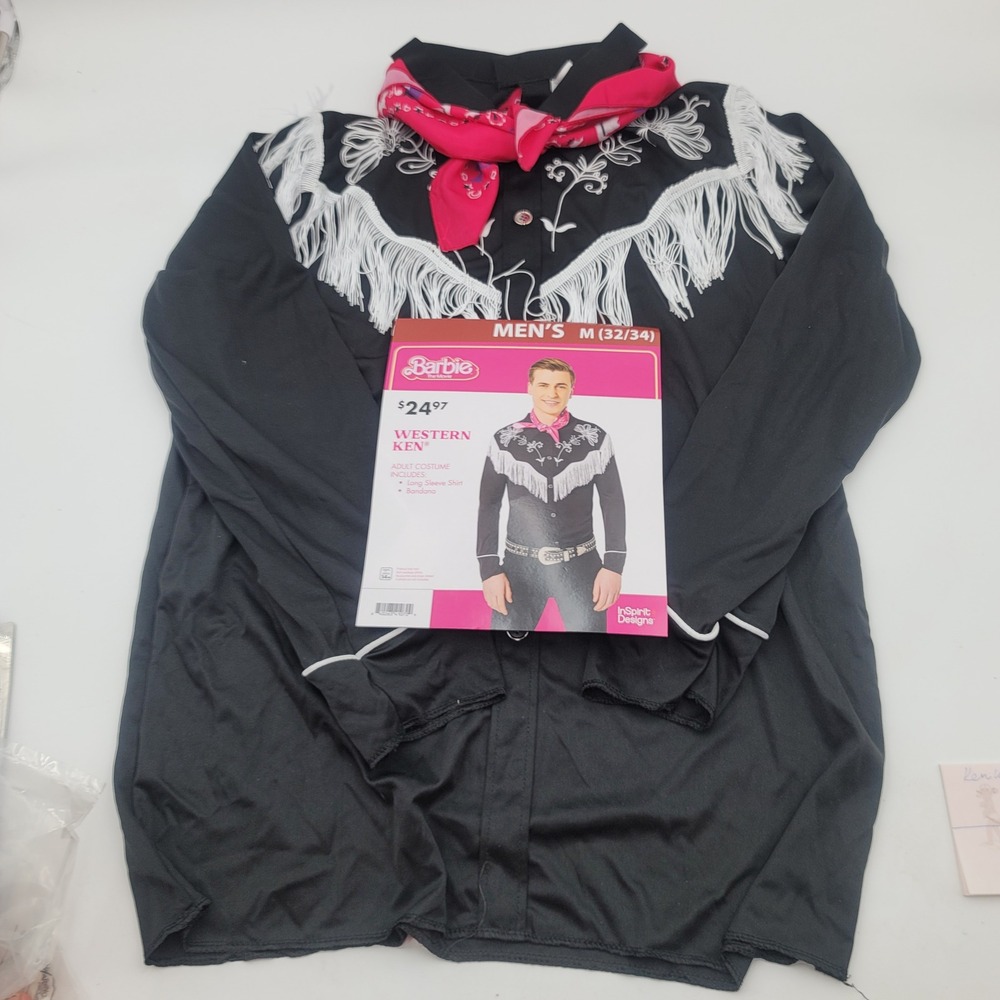 Western Ken Barbie Movie Costume Men Medium Black Fringe Shirt Pink Bandana Set